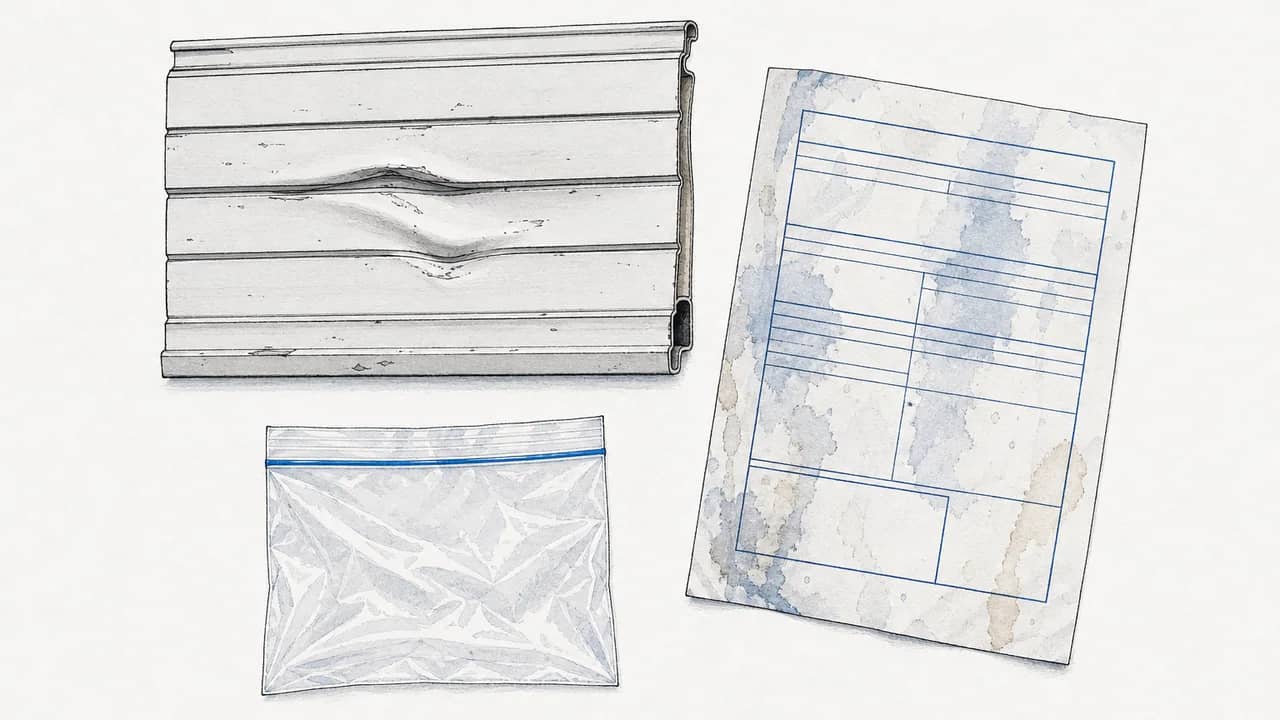Von oben gesehen: eine verbeulte Lamellen-Storenprobe, ein wasserbeschädigtes Schadenmeldeformular und ein durchsichtiges Beweismaterial‑Plastiksäckchen.