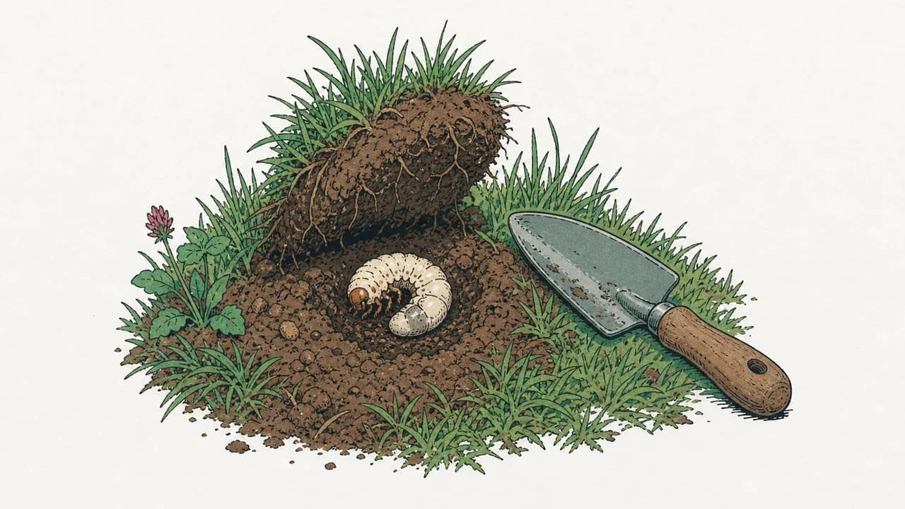 Ein hochgehobenes Rasenstück, das eine weisse Rüsselkäferlarve im Boden zeigt, mit einer im Gras liegenden Gartenschaufel daneben.