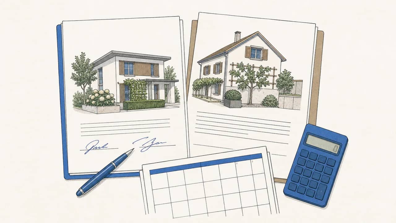 Draufsicht auf den unterschriebenen Kaufvertrag, einen Kaufvertragsentwurf fürs neue Objekt, ein Kalenderblatt und einen Taschenrechner.