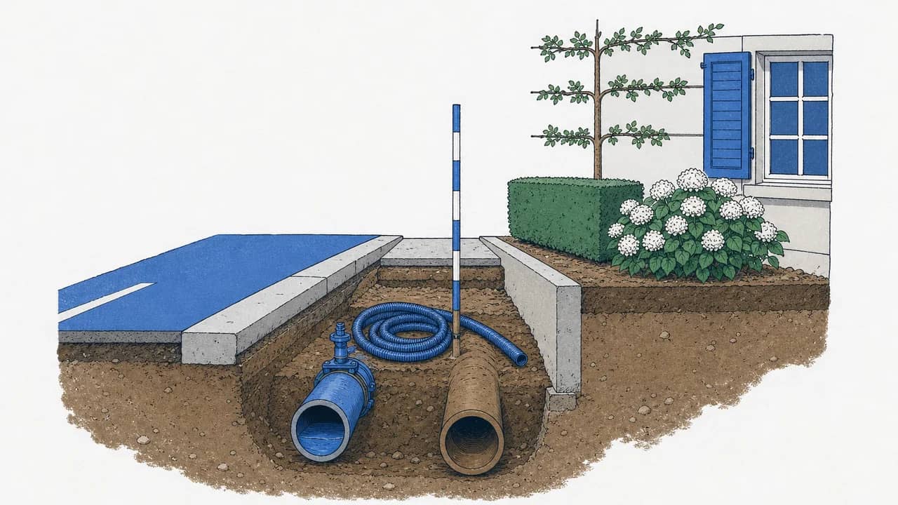 Querschnitt eines Werkleitungsgrabens mit freigelegten Wasser- und Abwasserleitungen, einem Vermessungsstab und einer aufgewickelten Leerrohrleitung.