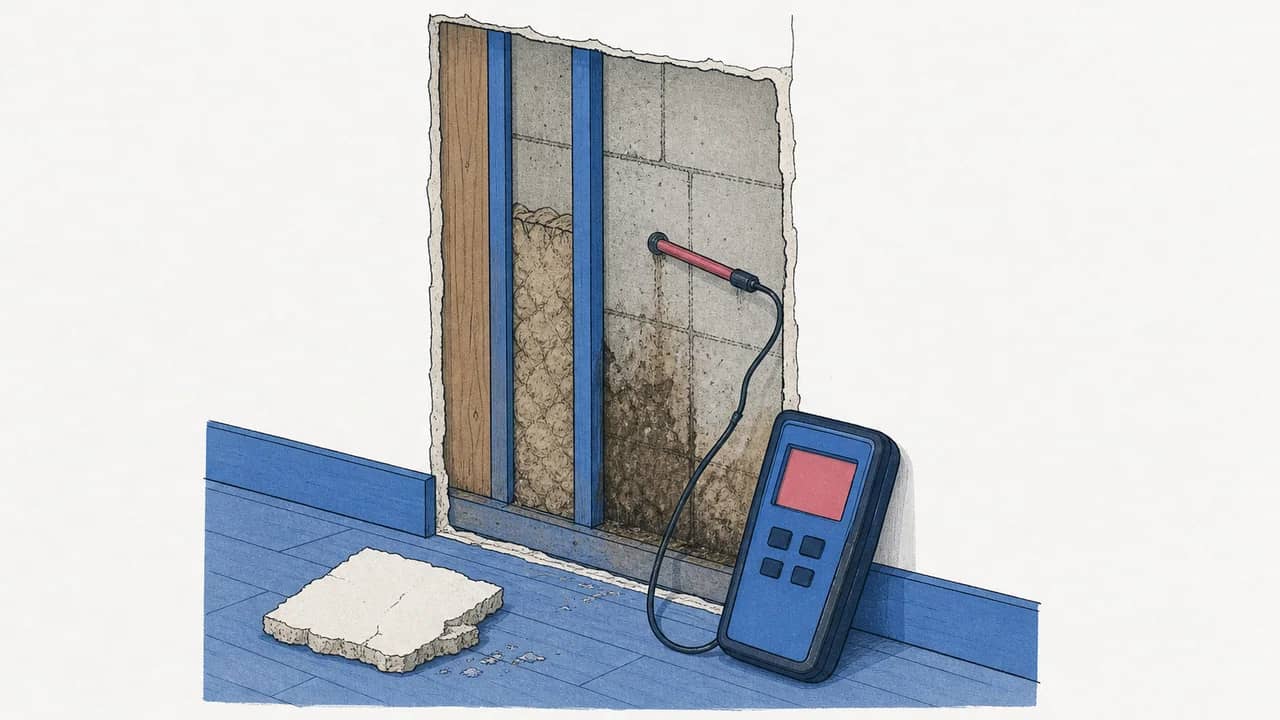 Ein freigelegter Wandaufbau mit offenem Hohlraum, ein Feuchtigkeitsmesser an der Wand und eine Putzprobe auf dem Boden.