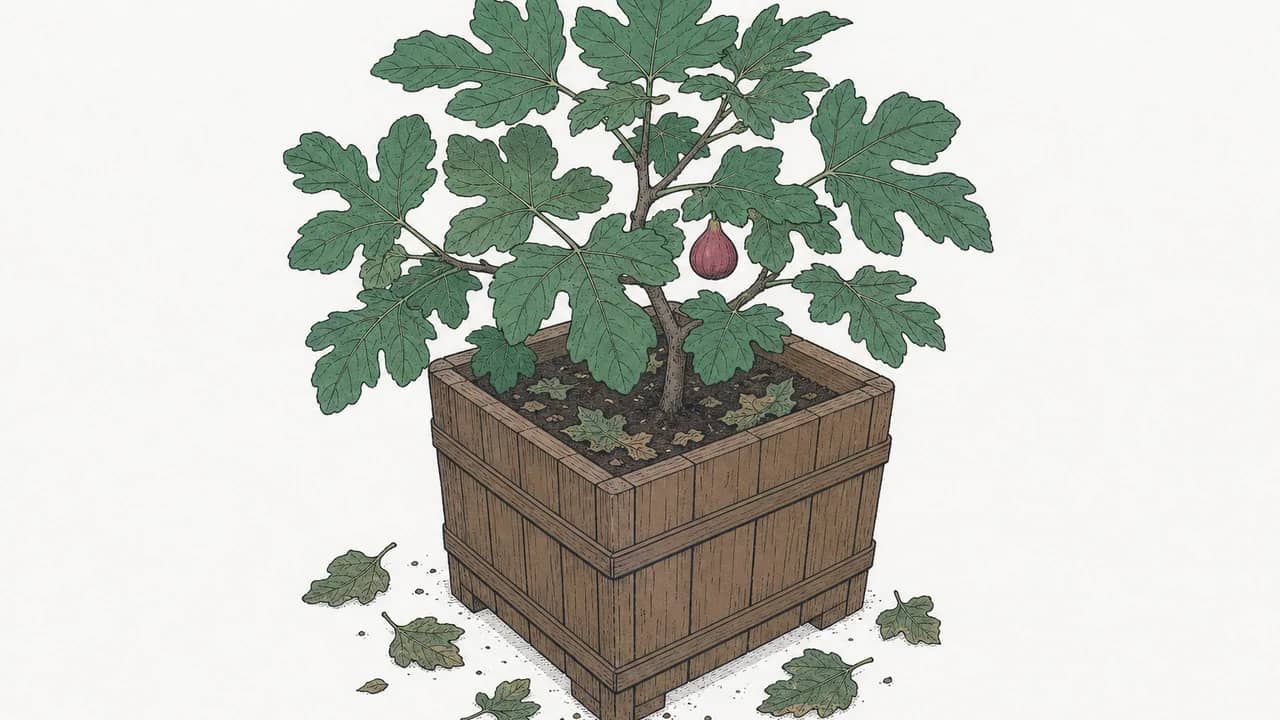 Ein im Topf stehender Feigenbaum (Ficus carica) in einem grossen Holztrog mit einer reifen Feige und gefallenen Blättern.