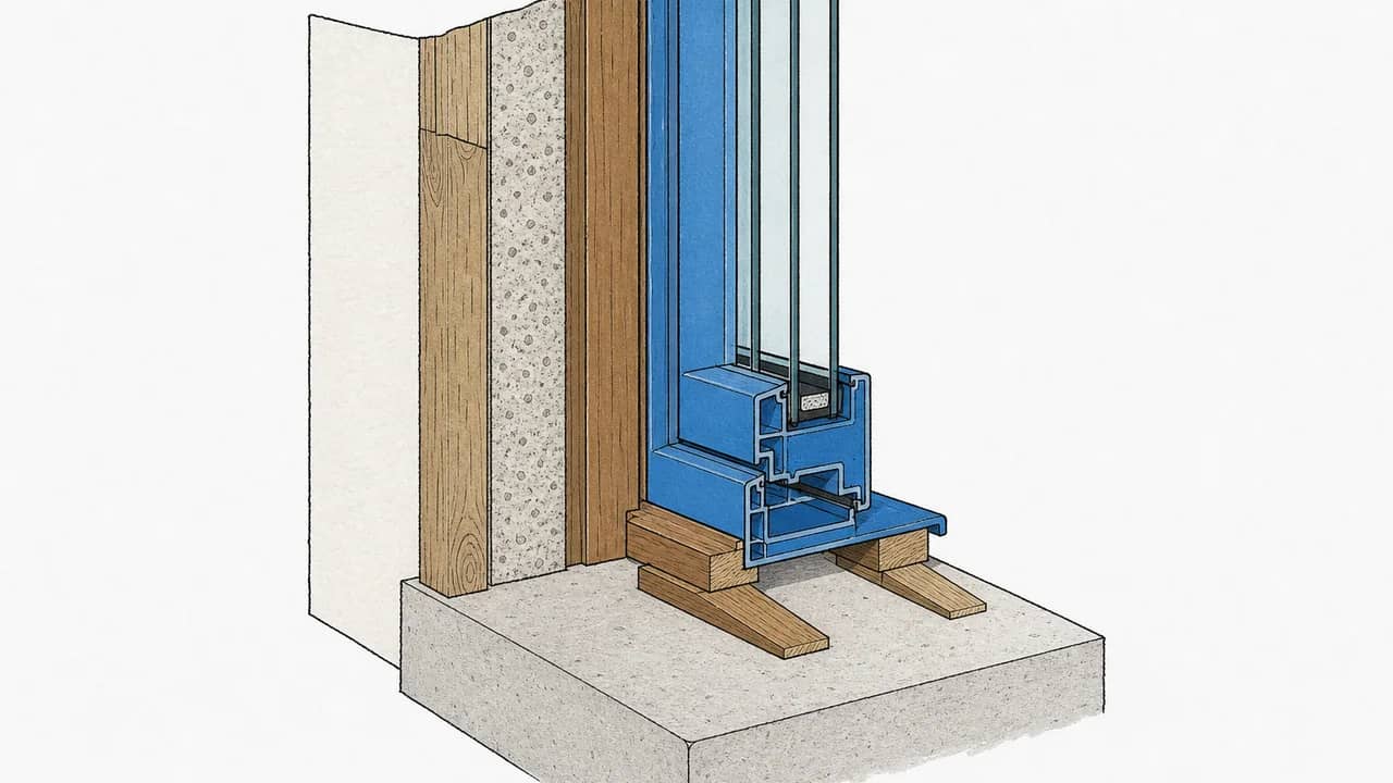 Eine Fensterlaibung mit neuer dreifachverglaster Scheibe, die auf Unterlagsklötzen trocken eingelegt ist, und Holzkeilen darunter.