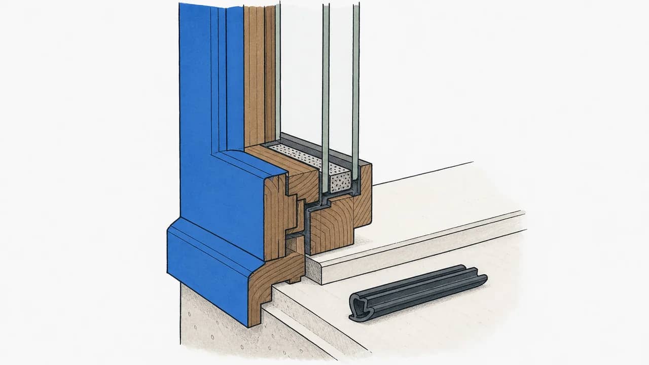 Querschnitt der Fensterlaibung mit freigelegtem Randverbund und einer als Ersatz bereitliegenden Gummidichtung auf der Fensterbank.