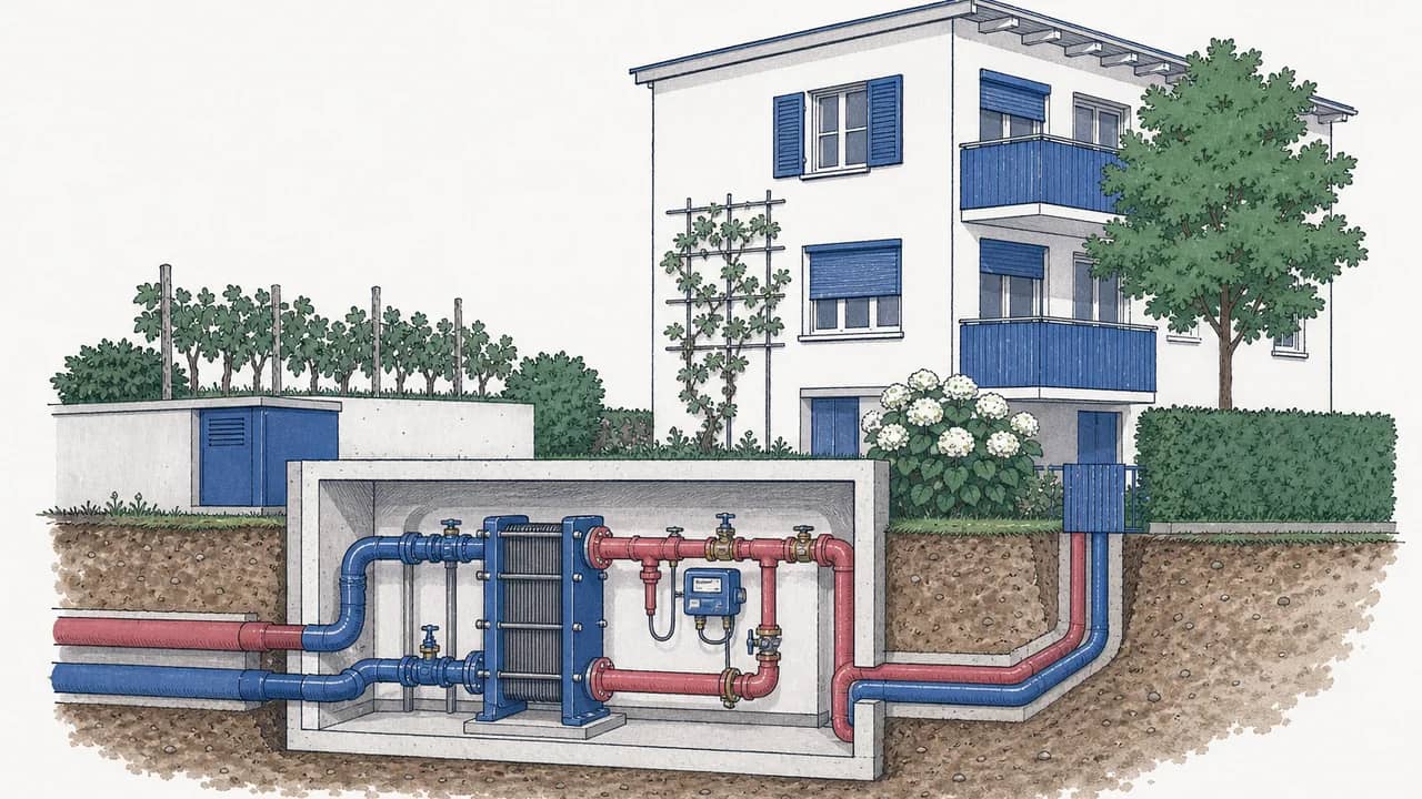 Eine Übergabestation im Keller mit Wärmetauscher, zwei isolierten Vor- und Rücklaufrohren und einem Kalibrierzähler ist zu sehen.