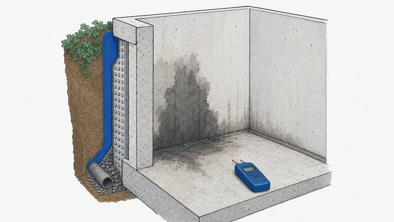 Querschnitt einer Kellerwand-Ecke mit dunklem Feuchtfleck und einem auf dem Boden abgelegten Feuchtigkeitsmessgerät.