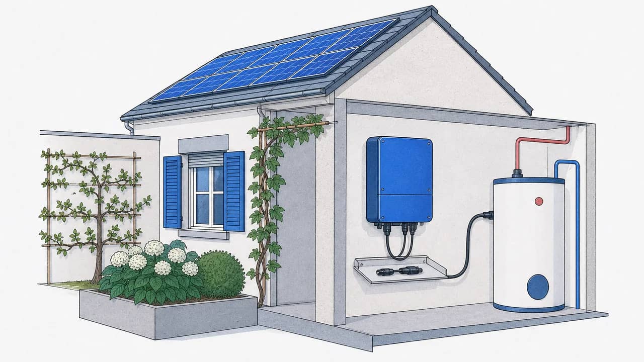 Eine wandmontierte Photovoltaik-String-Wechselrichtereinheit mit einem abgezogenen DC-Stecker auf einer Ablageschale und einem AC-Kabel zum Elektroboiler.