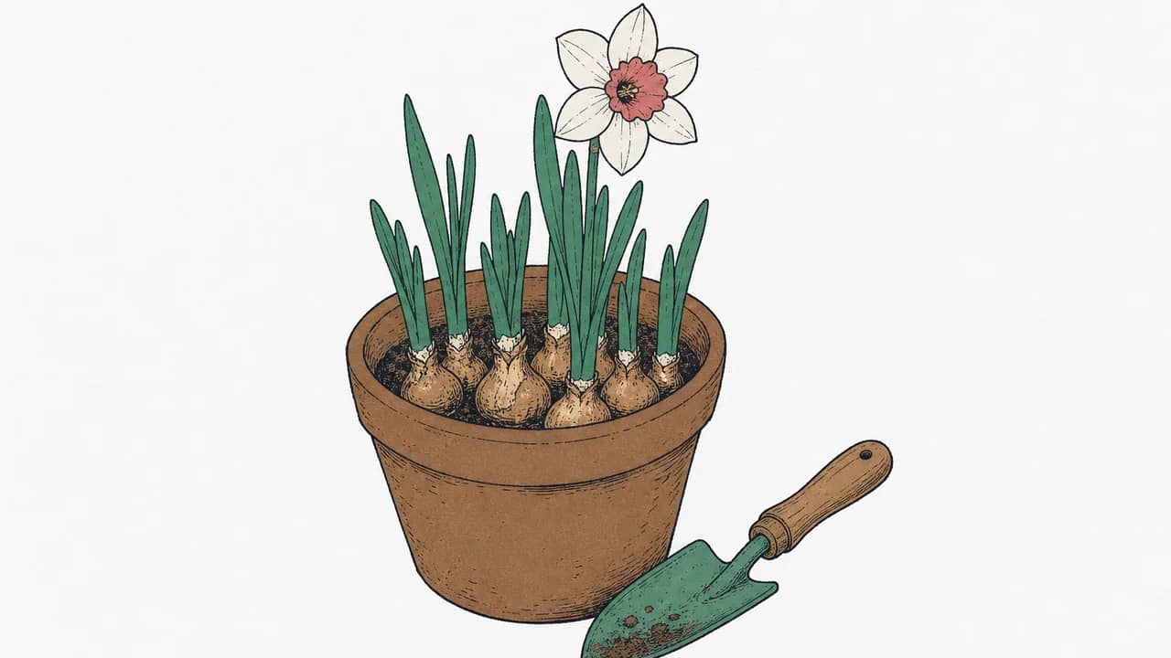 Ein Terrakottatopf mit Narzissenzwiebeln und einer geöffneten Narzisse, daneben eine kleine Gartenschaufel.