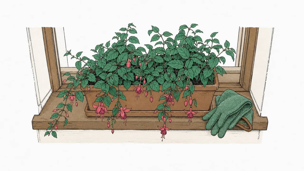 Auf dem Sims steht ein Terrakotta-Kasten mit hängenden Fuchsienblüten und daneben ein gefaltetes Paar Frottee-Gartenhandschuhe.