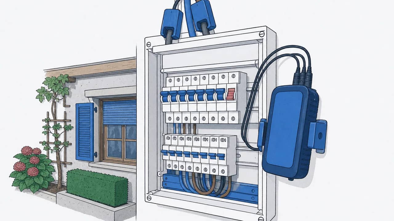 Ein tragbares Energiemessgerät an der Hausverteilung mit Stromzangen an der einlaufenden Hauptleitung.