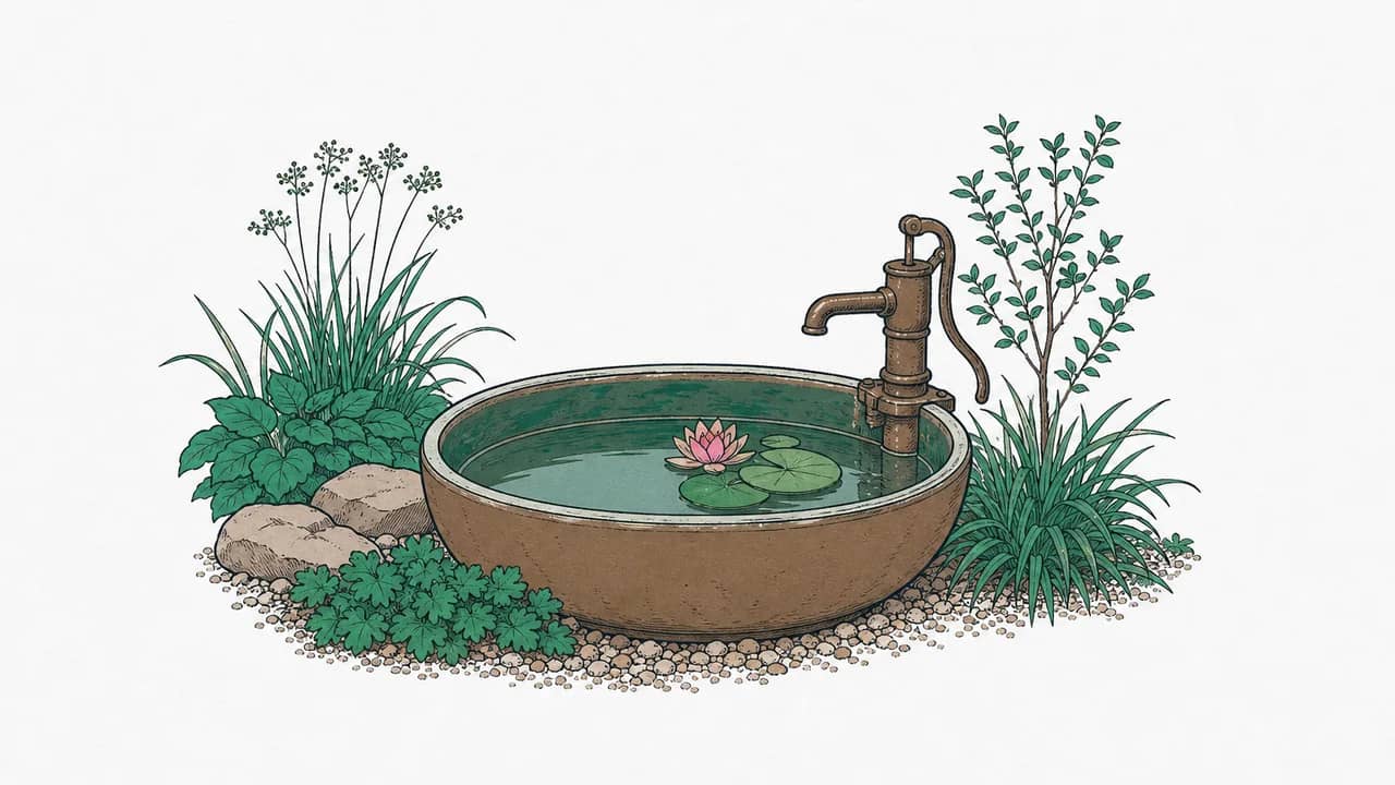 Eine glasierte ovale Keramikpflanzschale halb mit Wasser gefüllt, eine Seerose und eine kleine bronzene Pumpe.