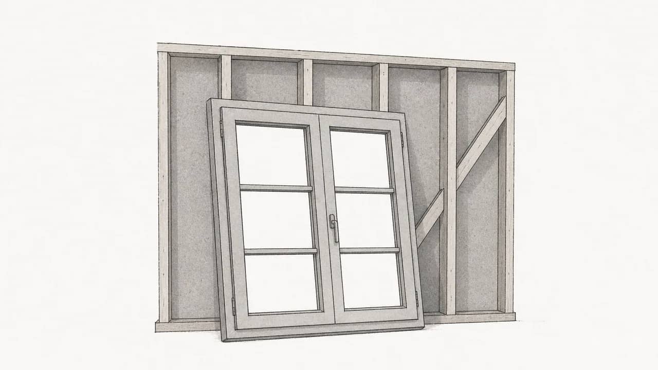 Ein Fensterrahmen lehnt an einer unfertigen Holzständerwand und wartet nun auf Einbau.