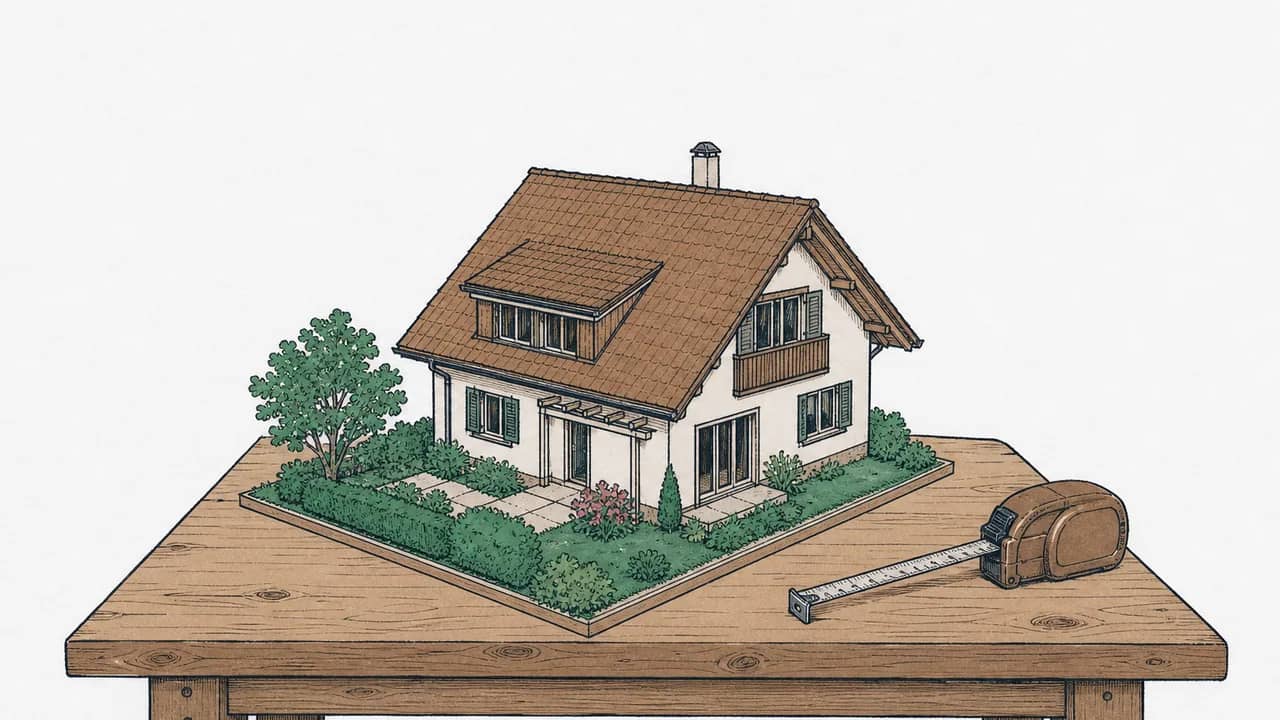Ein modelliertes Giebelhaus, ein timbertisch und ein aufgerolltes Massband daneben.