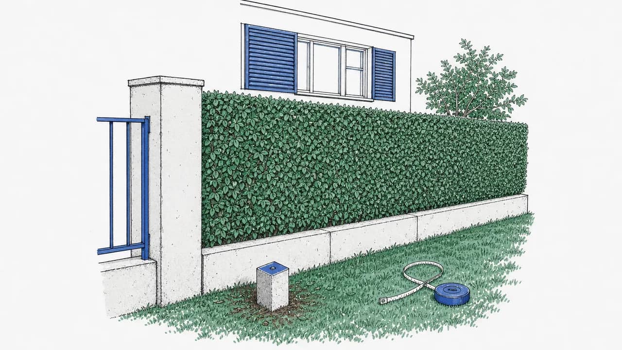 Eine geschnittene Gartenhecke an der Grundstücksgrenze mit einem Vermessungszeichen am Fuß und einem aufgerollten Massband auf dem Rasen.