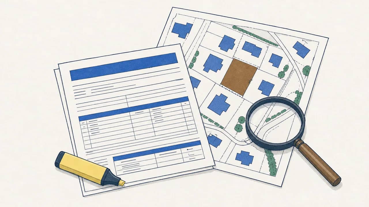 Von oben sieht man einen ausgedruckten Grundbuchauszug, einen Parzellenplan, einen gelben Textmarker und eine Lupe auf dem Tisch.