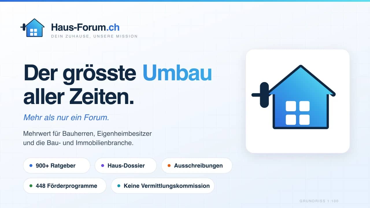 Schlüsselbild zum Relaunch im neuen Design von Haus-Forum.ch: heller Grund, die Bildmarke mit Haus und Farbroller auf einer weissen Karte, daneben der Schriftzug «Der grösste Umbau aller Zeiten — mehr als nur ein Forum».