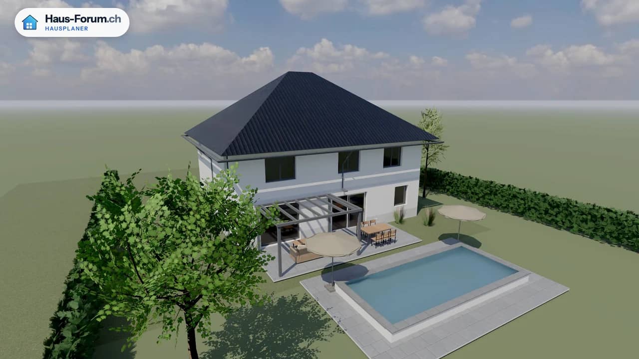 Stadtvilla mit Walmdach, Pergola, Pool und Garten, fotorealistisch berechnet im Hausplaner von Haus-Forum.ch