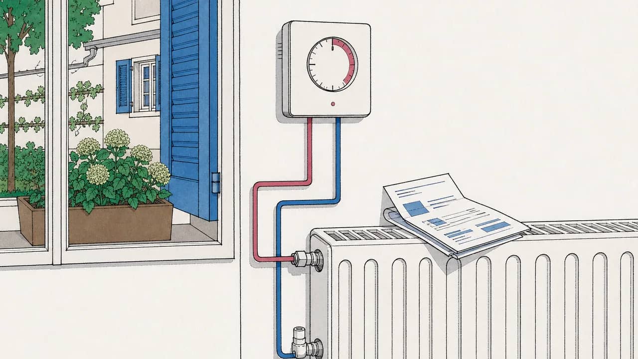 Ein Wandthermostat über einem Heizkörper mit einer zusammengefalteten Heizkostenabrechnung auf der Heizkörperabdeckung.