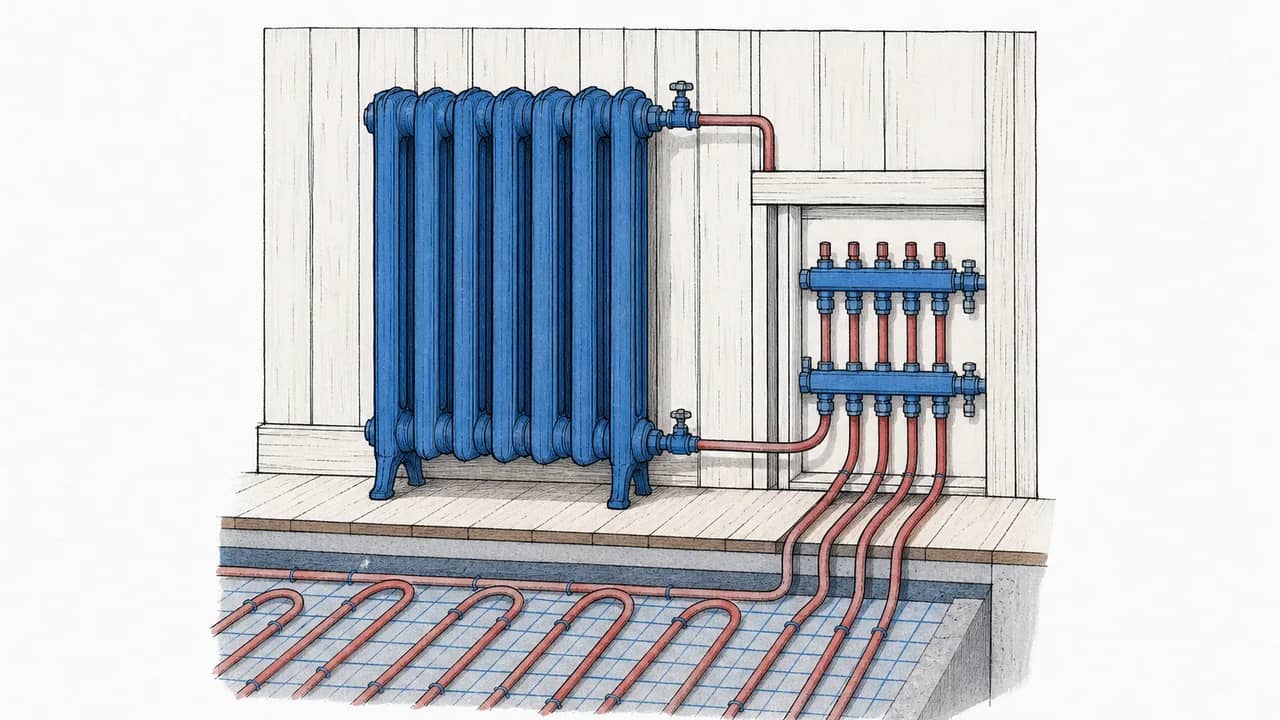 Ein alter Gussradiator an einer Holzverkleidungswand, daneben der sichtbare Verteiler und freigelegte Fussbodenheizungsrohre.