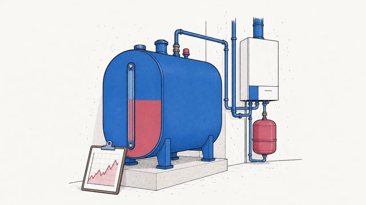 Ein halbvoller Heizöltank mit sichtbarem Füllstandsanzeiger und einem Klemmbrett mit Preisdiagramm, das dagegen lehnt.