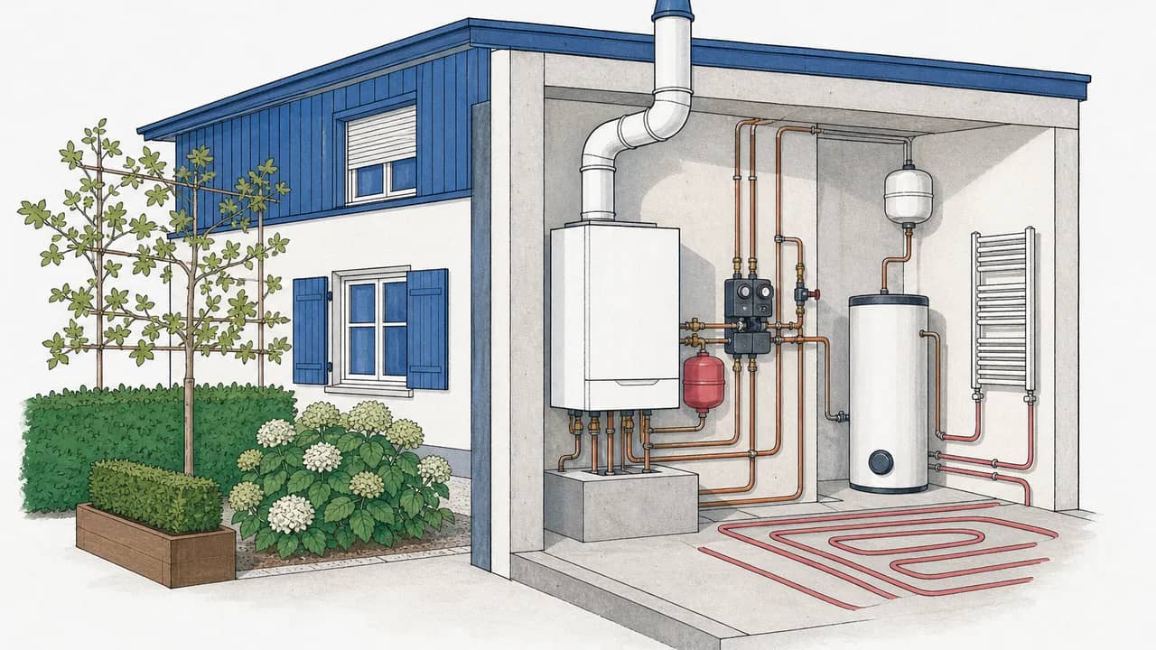 Ein Gas-Brennwertkessel auf einem Betonpodest mit isoliertem Schornstein und neuen Kupferleitungen.