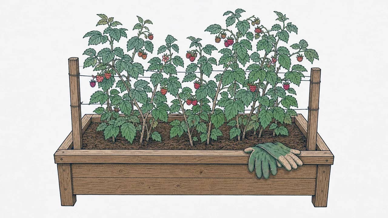 Ein hochgelegtes Holzbeet mit fruchtenden Himbeertrieben und einem Paar Gartenhandschuhe, das am Beetrand liegt.
