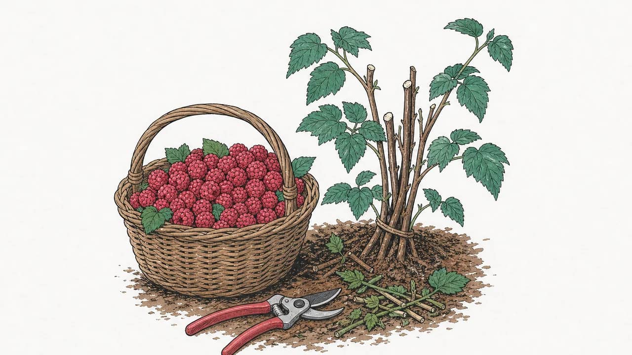 Ein Strohkorb mit frisch gepflückten Himbeeren, neben einer frisch geschnittenen Himbeerrute und daneben liegenden Gartenscheren.