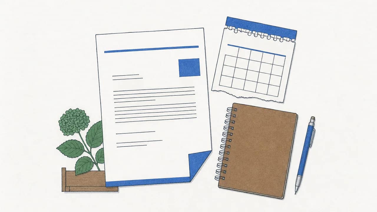 Eine Draufsicht auf ein Bankverlängerungsschreiben, ein ausgerissenes Kalendersblatt, ein Notizbuch und einen Druckbleistift.