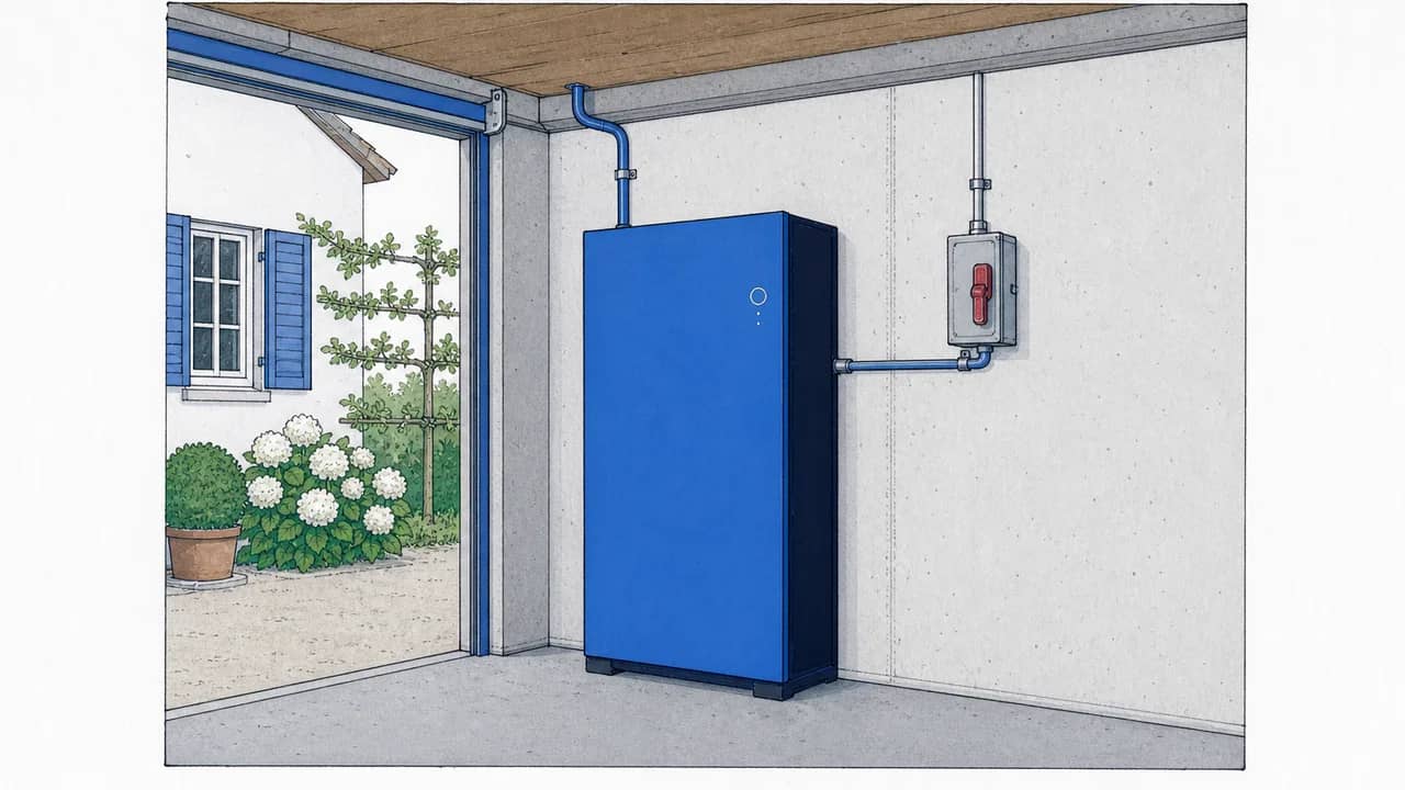 Ein bodenstehender Hausbatterie-Schrank in der Garage, ein AC-Leerrohr führt hinein und daneben eine kleine DC‑Trennvorrichtung an der Wand.