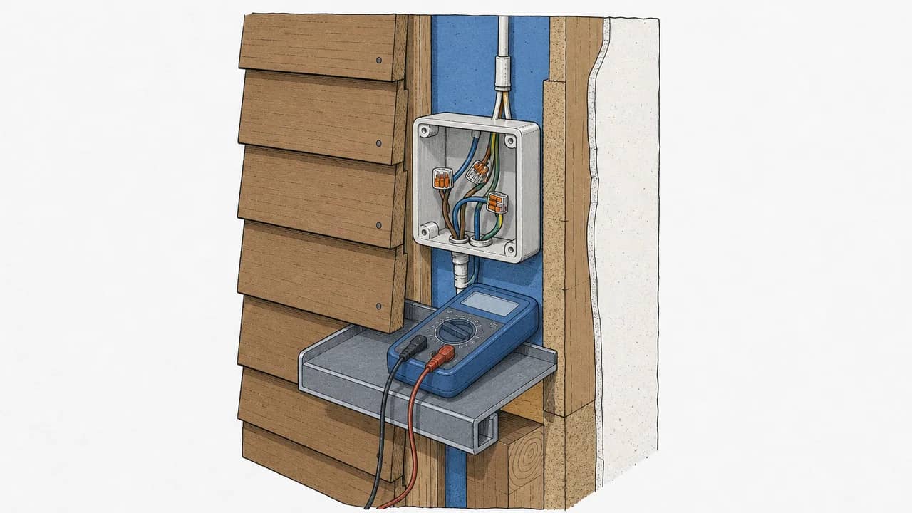 Eine holzverkleidete Außenwand mit offenem elektrischen Anschlusskasten und einem Multimeter, das auf einer Ablage liegt.