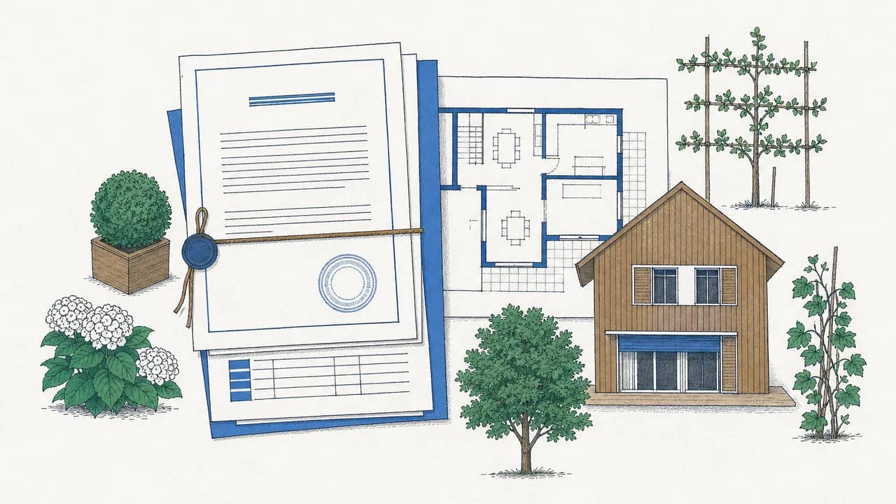 Eine Draufsicht auf einen notariellen Kaufvertrag, einen Zahlungsplan in Tranchen, einen Architekturgrundriss und ein kleines Holzhausmodell.