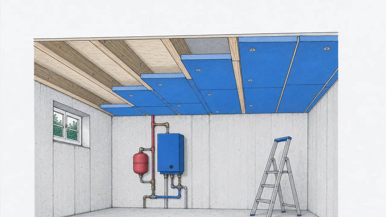 Eine Kellerdecke mit teils eingesetzten Dämmplatten zwischen Holzträgern und einer Leiter, die an der Kellerwand lehnt.
