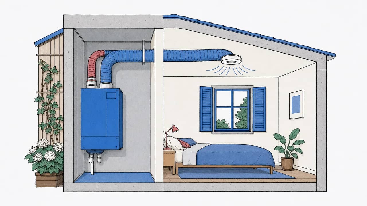 Eine wandmontierte Komfortlüftungsanlage mit flexiblem Lüftungsrohr, das mit einem Deckenauslass im Schlafzimmer verbunden ist.