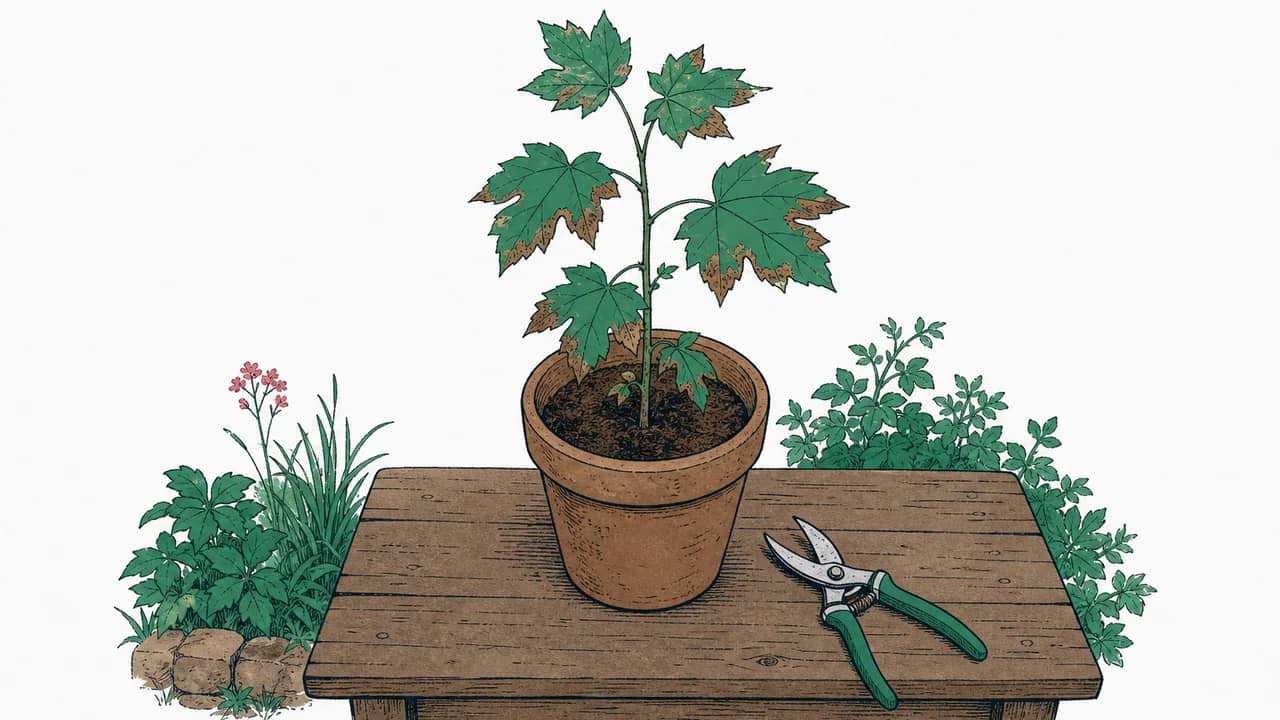 Ein Tontopf mit einem Bergahornsetzling mit braunen Blattflecken und einer Gartenschere, die auf dem Tisch liegt.