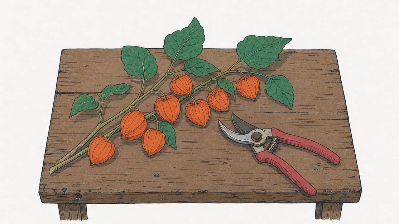 Auf einem rustikalen Holztisch liegt ein Zweig mit leuchtend orangefarbenen Physalis-Lampions, daneben ruhen eine Gartenschere.