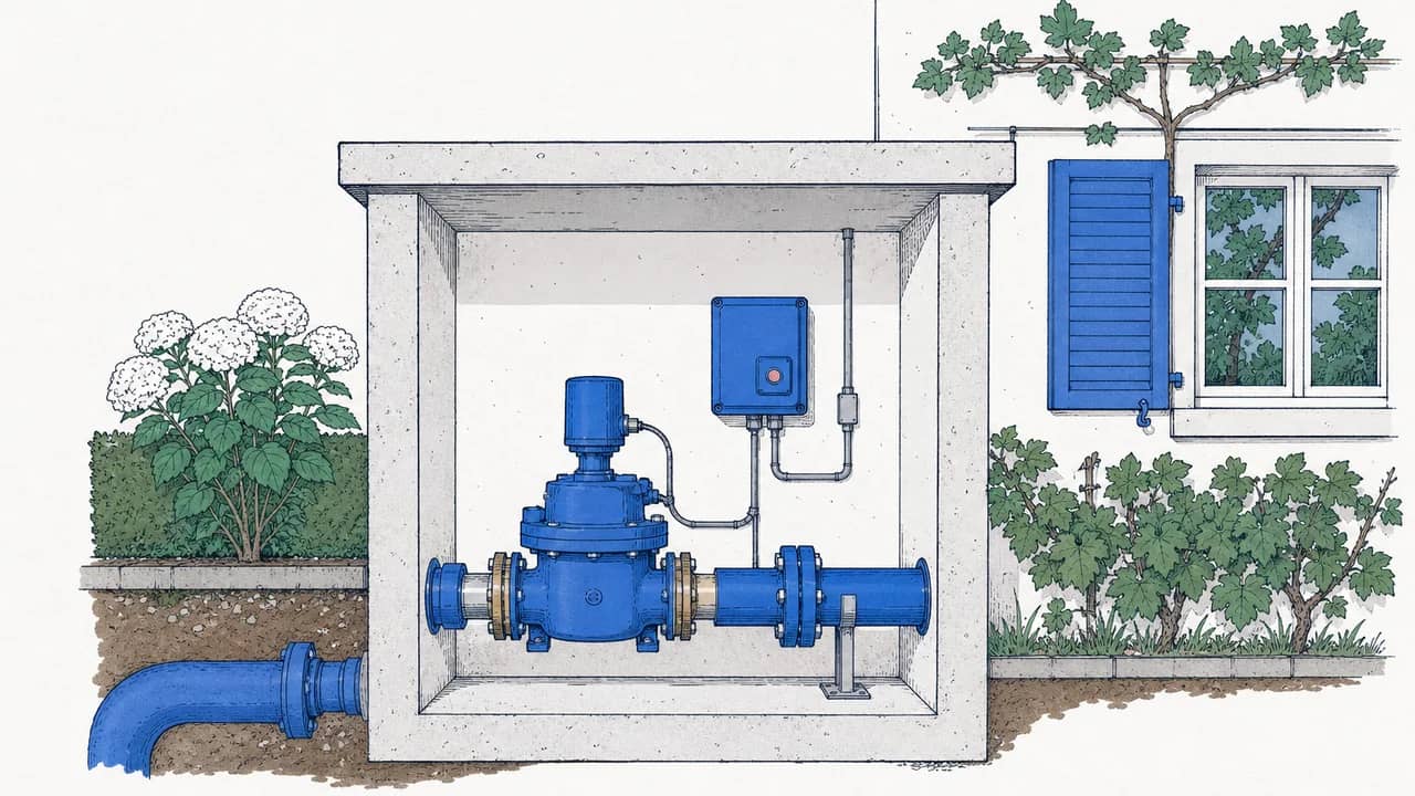Ein automatisches Leckschutz-Abschaltventil an der Haupteinlauf-Wasserleitung mit daneben montierter elektrischer Antriebeinheit.