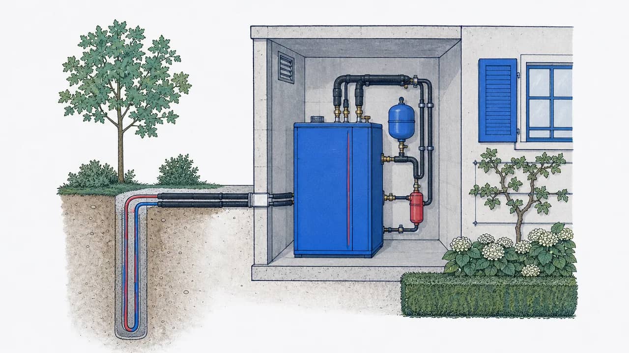 Eine Erdsonden-Wärmetauscher-Sonde neben einer innenstehenden Wärmepumpe mit isolierter Soleleitungsverbindung.