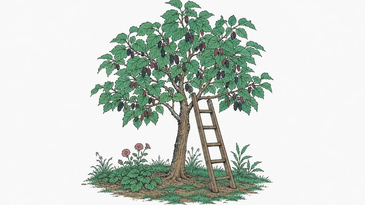 Ein Maulbeerbaum mit reifen Beeren und eine Holzleiter, die leicht gegen seinen Stamm lehnt.