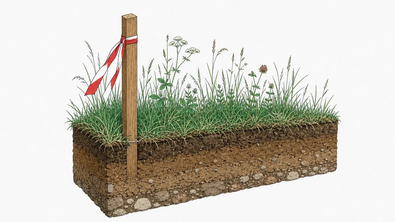 Schnitt durch eine Wiese am Parzellenrand mit einem Holzvermessungsstab mit rot-weisser Banderole und einem freigelegten Erdstreifen.