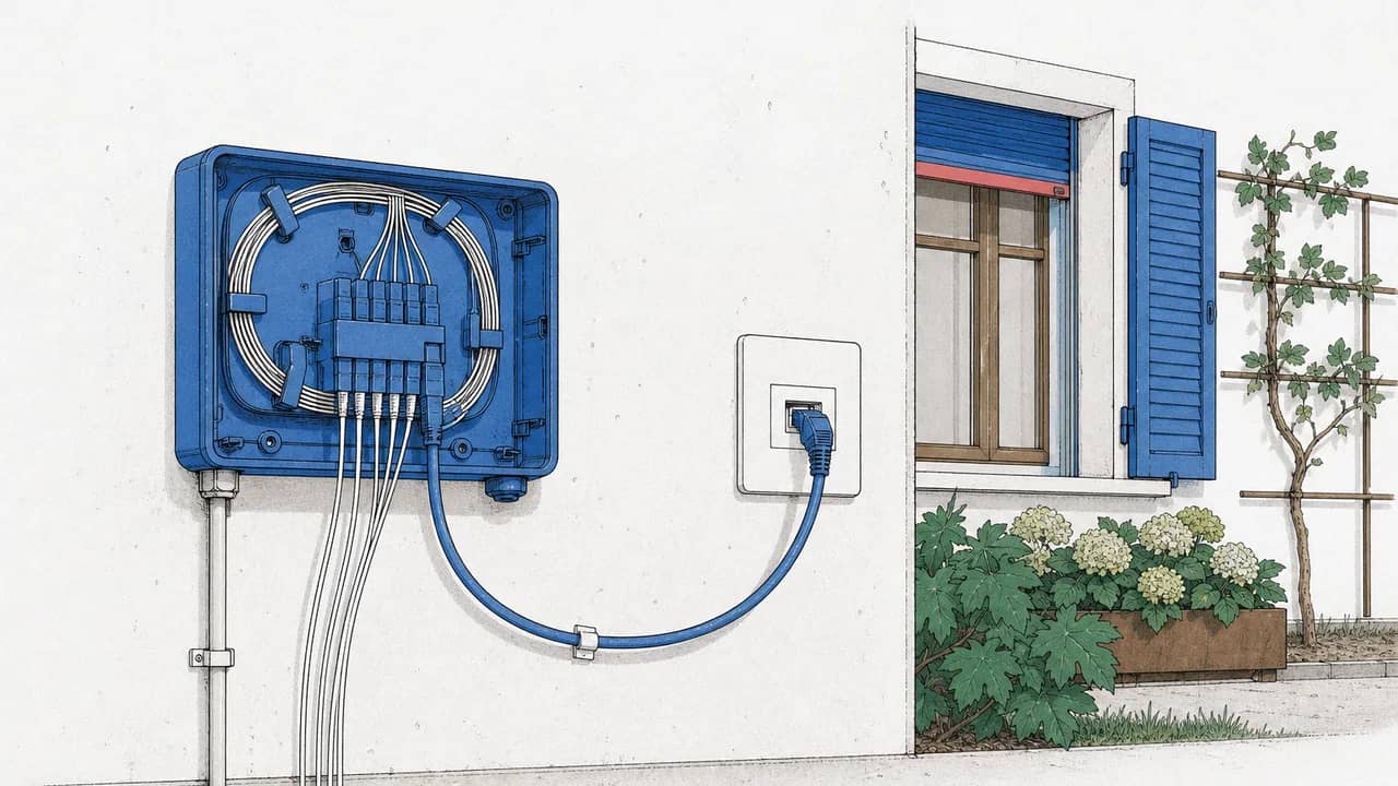 Eine wandmontierte Glasfaserabschlussdose mit freiliegenden Faser-Pigtails und einem verbundenen SC-Stecker an einem losen Ethernetkabel.