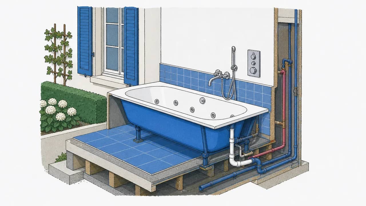 Eine emaillierte Stahlbadewanne mit eingebauten Whirldüsen, einem Chromwasserhahn und einem an der Wand montierten Bedienfeld.