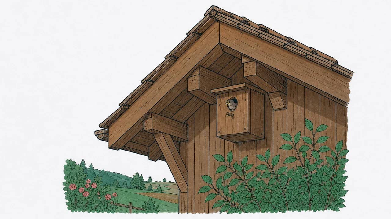 Ein Vogelnistkasten an einem holzverkleideten Giebel, mit einem Jungvogel, der aus dem Einflugloch hervorblickt.