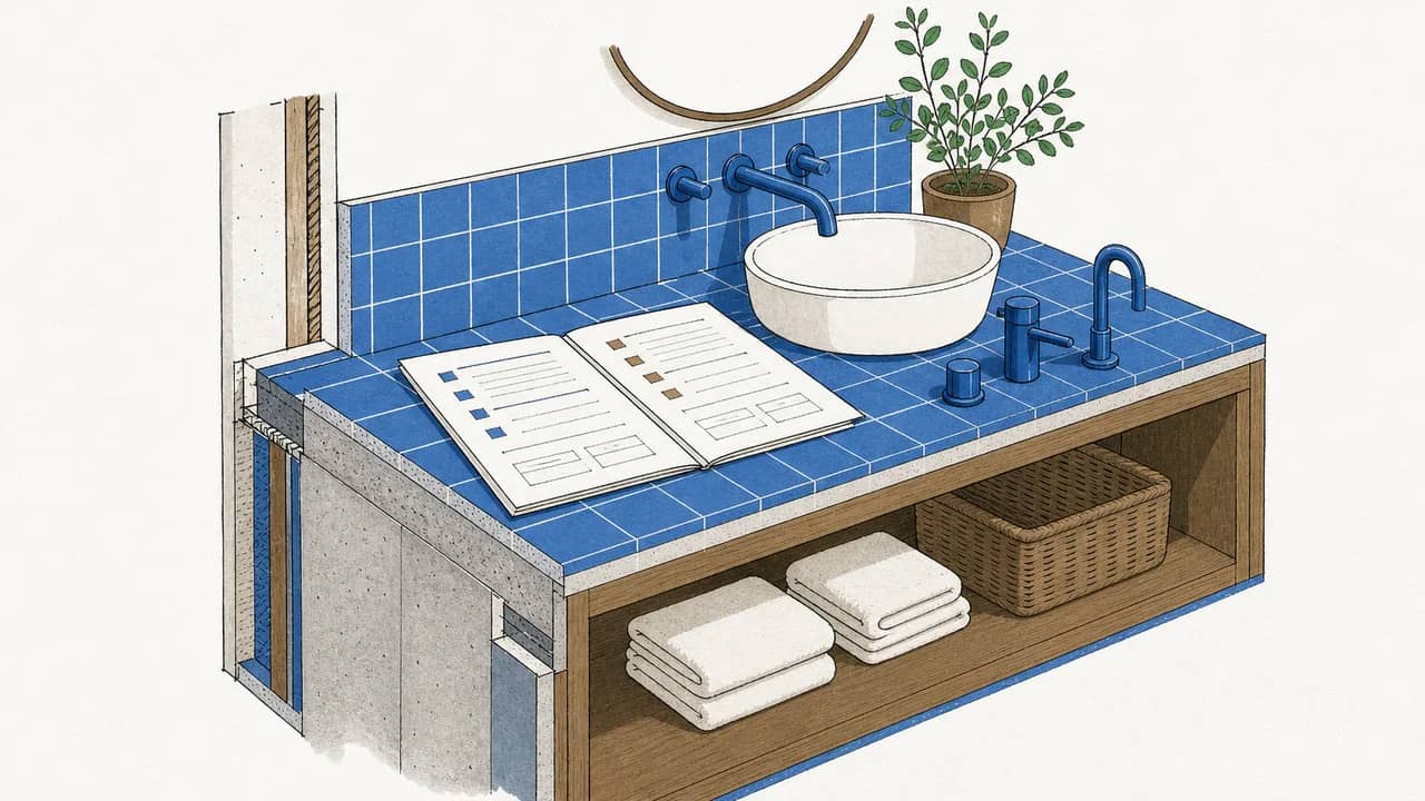 Anschnitt einer gefliesten Badezimmerablage mit zwei aufgelegten, detaillierten Handwerkerofferten und zwei Muster‑Armaturen.