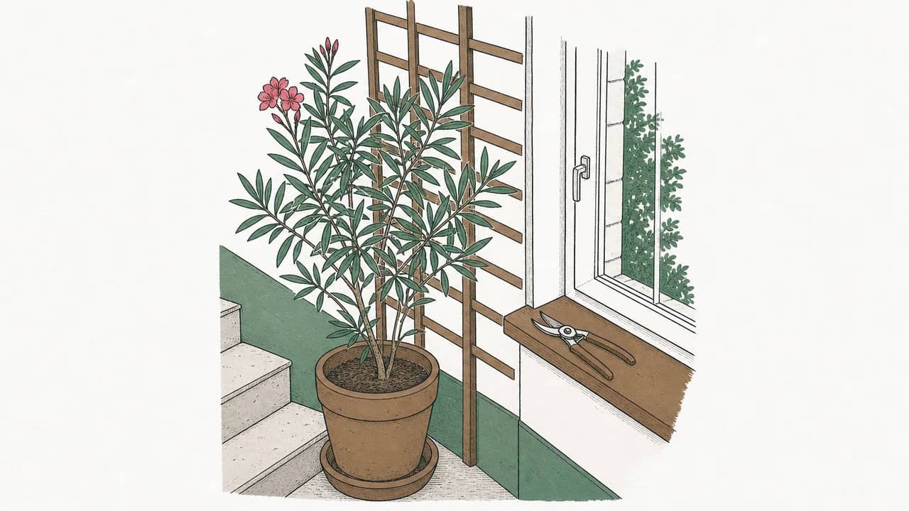 ein Oleander im Topf in einem kühlen verglasten Treppenhaus neben einem Holzspalier und einer auf der Fensterbank liegenden Gartenschere.