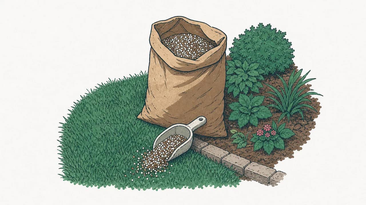 Eine open bag of organic-mineral lawn fertilizer mit einem measuring scoop, der Granulat an der Rasenkante verschüttet.