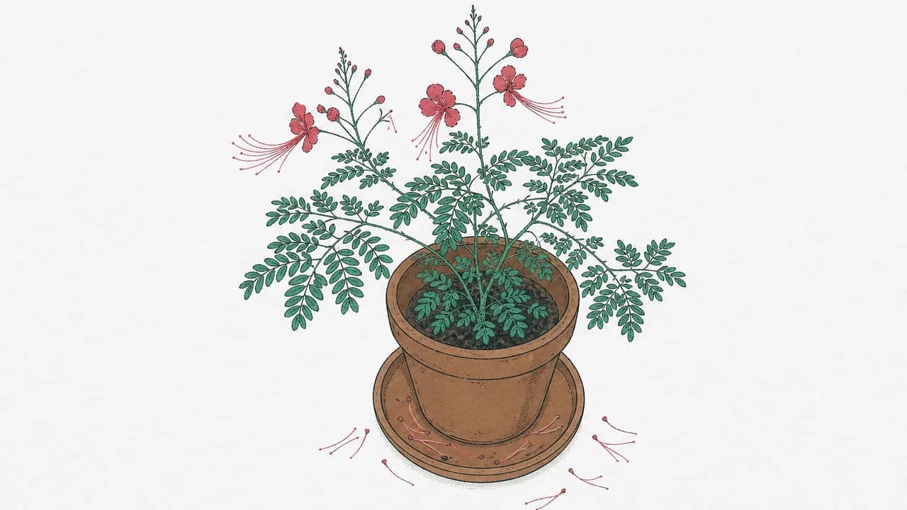 Ein roter Caesalpinia pulcherrima in einem glasierten Terrakottatopf, der lange Staubfäden auf eine Untertasse verliert.