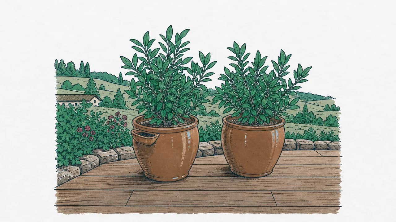zwei glasierte Terrakottatöpfe mit Portugiesischem Lorbeer auf einer Holzterrasse, eine kleine Drainageschaufel liegt auf einem Topfrand
