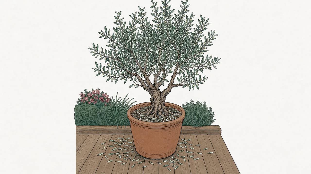 Ein ausgewachsener Olivenbaum in einem grossen Terrakottatopf auf einer timberverkleideten Terrasse, silbrig gefallene Blätter am Topfboden.
