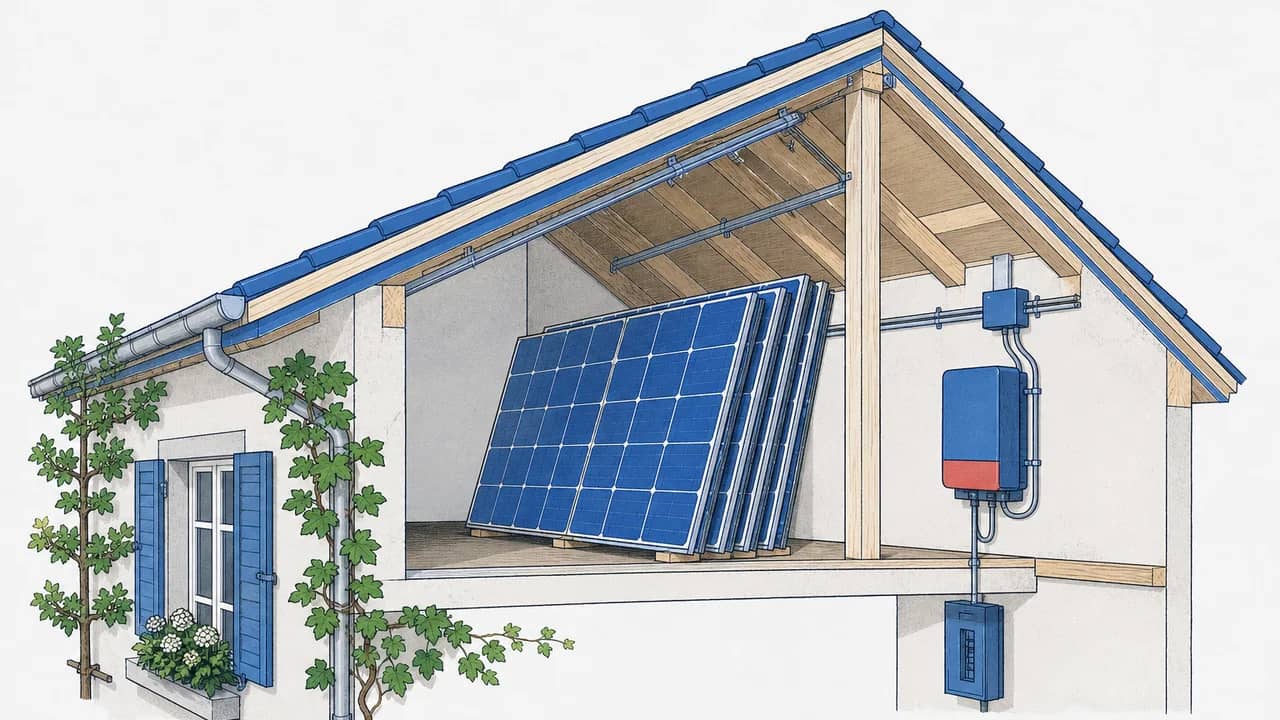 Ein Stapel Photovoltaik-Dachmodule lehnt an Dachbalken, daneben Montageschienen und eine Kabeldurchführung.