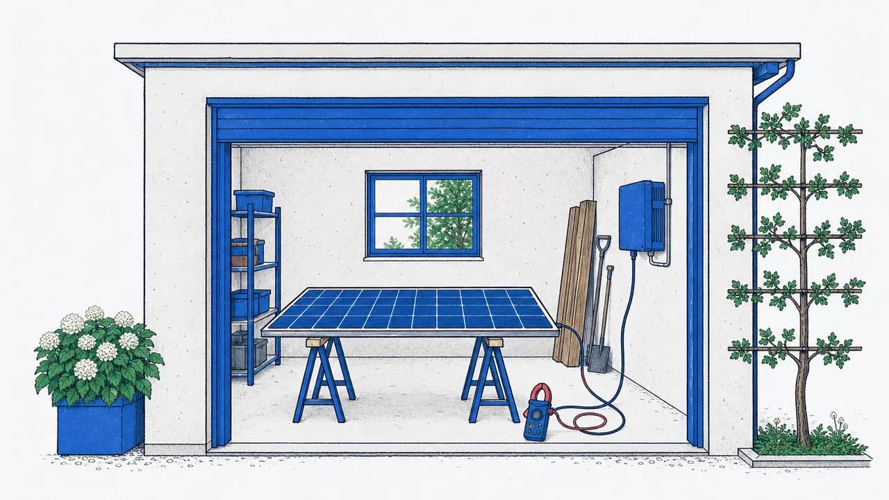 Ein einzelnes Solarmodul auf zwei Werkböcken in der Garage mit einem Stromzangen-Leistungsmessgerät daneben.